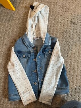 Cat & Jack Kids Blue Denim Jacket with Cat Ears and Gray Hoodie Sleeves